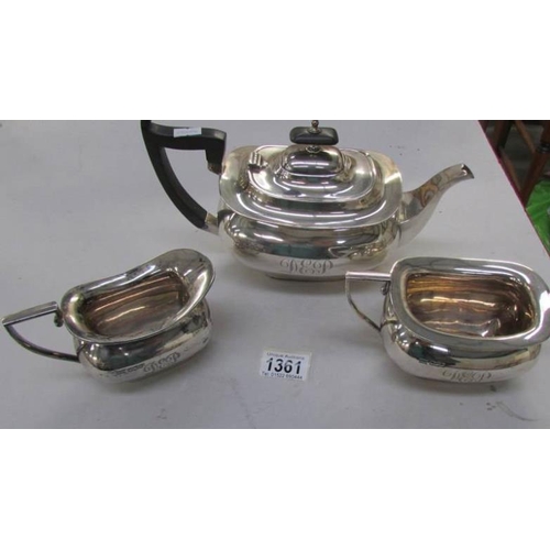 1361 - A silver 3 piece tea set comprising teapot, milk jug and sugar bowl, marked W & H, Sheffield 1923, t... 