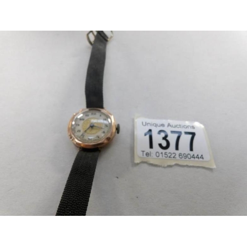 1377 - A 9ct gold Bravington ladies wristwatch on leather strap