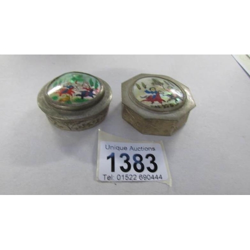 1383 - 2 vintage hand painted pill boxes, one with mirror to lid depicting horse riders