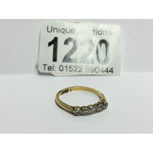 1220 - An 18ct yellow gold five stone diamond bar ring, size Q