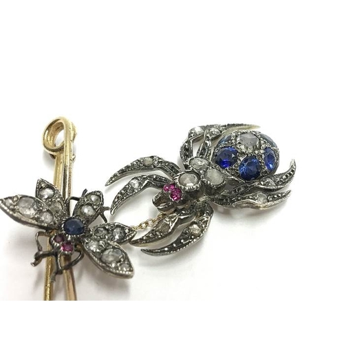 1240 - A spider and fly brooch set old cut diamonds, sapphires and rubies