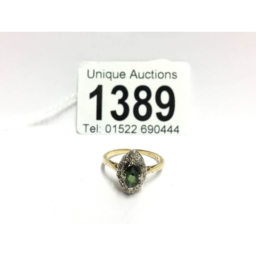 1389 - A marquasite shape diamond ring set with green stone in 18ct gold, dated London 1907, size P