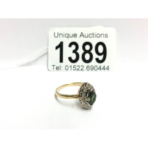 1389 - A marquasite shape diamond ring set with green stone in 18ct gold, dated London 1907, size P