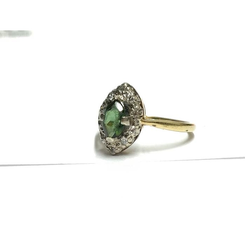 1389 - A marquasite shape diamond ring set with green stone in 18ct gold, dated London 1907, size P