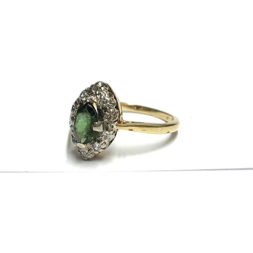 1389 - A marquasite shape diamond ring set with green stone in 18ct gold, dated London 1907, size P