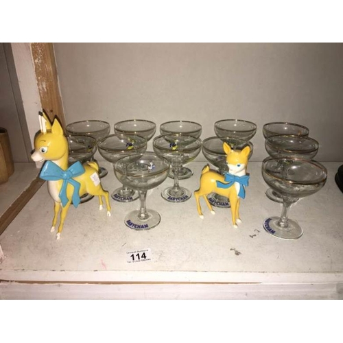 114 - 2 Babycham figures and 12 glasses