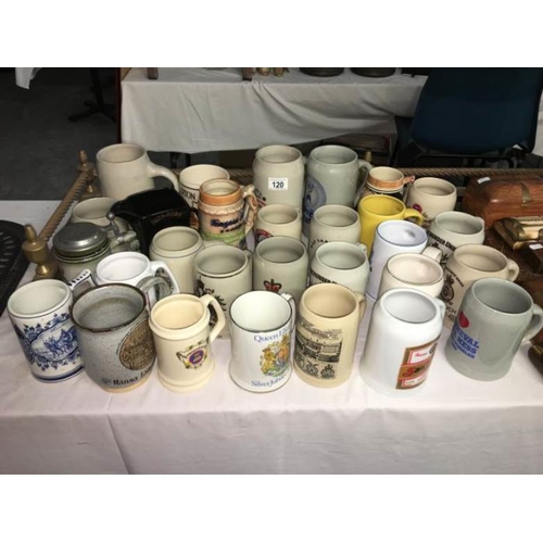 120 - A large quantity of stoneware tankards and steins including military