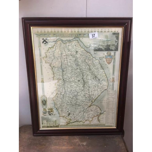 37 - A framed and glazed map of Lincolnshire