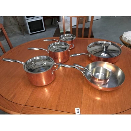 429 - A set of six Stellar copper saucepans