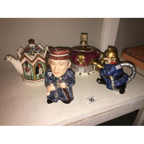 90 - 3 collectors teapots and a Toby jug