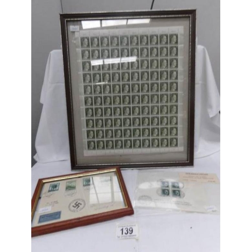 139 - A framed sheet of 100 unused Hitler postage stamps together with 1938 and 1939 German stamps