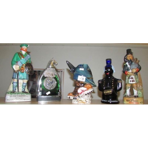 169 - 5 novelty decanters including Clan Campbell, Piper's, George Washington bourbon etc