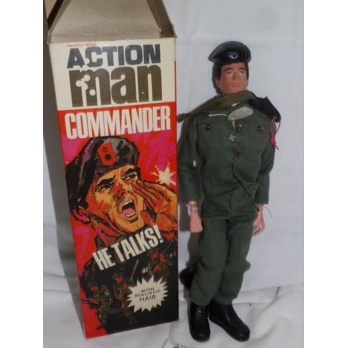 282 - A boxed 1970 talking action man commander figure with realistic hair, papers, stickers, hat etc (mis... 