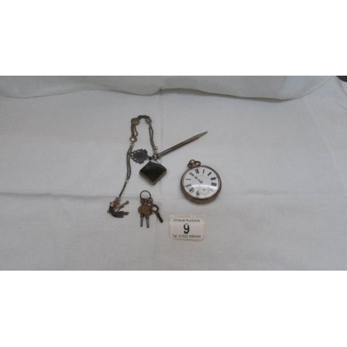 9 - A silver pocket watch, a white metal watch chain and a silver pencil