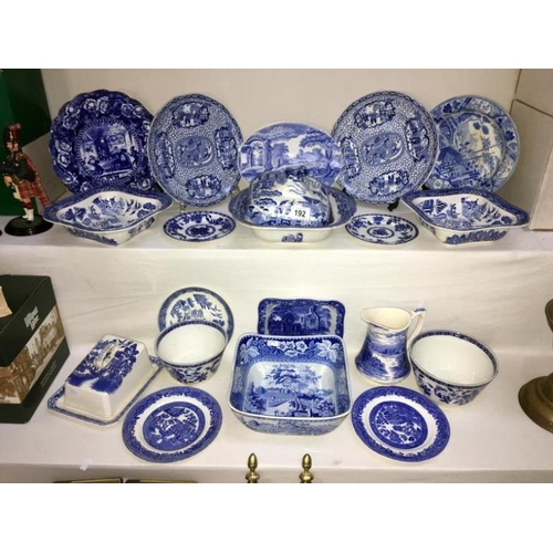 192 - 19 pieces of blue and white china including Meakin, Adams, Copeland Spode etc, some a/f