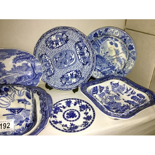 192 - 19 pieces of blue and white china including Meakin, Adams, Copeland Spode etc, some a/f