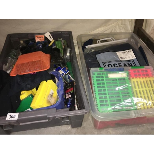 306 - 3 boxes of fishing tackle and related items including clothing