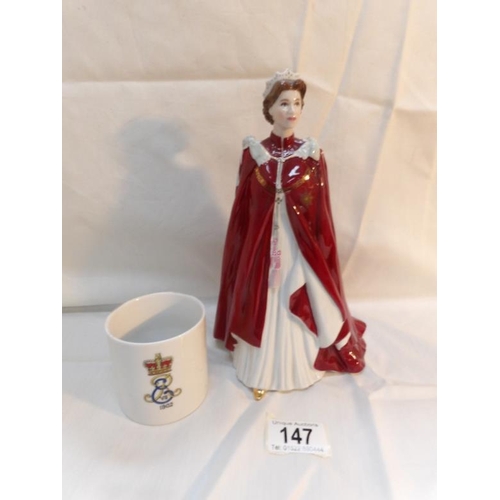 147 - A Royal Worcester Queen Elizabeth II 80th birthday figure and a 1902 mug