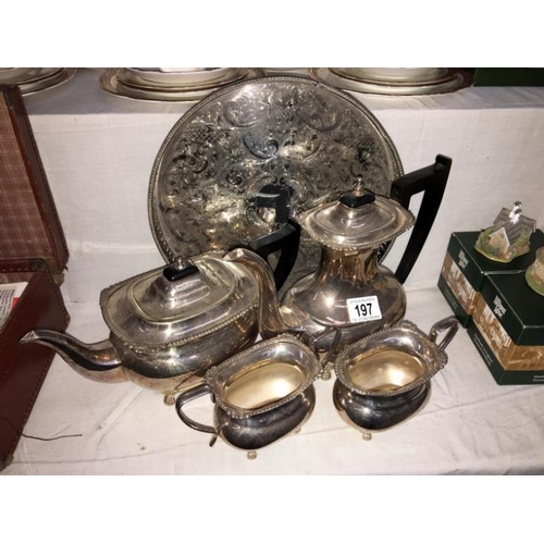 197 - A 4 piece silver plate tea set and tray