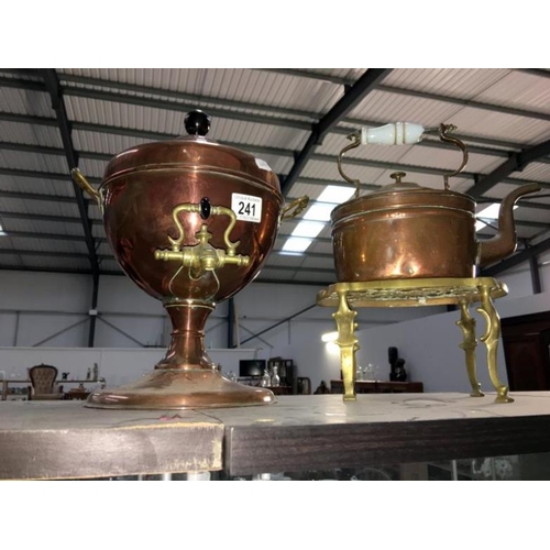 241 - A copper samovar, a copper kettle and a brass trivet