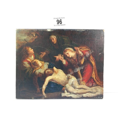 96 - An oil on panel with label on reverse that reads 'Rembrandt, Our Saviour being taken down from the c... 