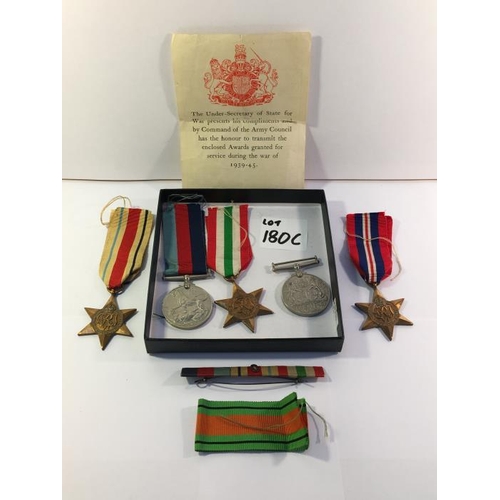 180C - 5 WW2 medals consisting of 1939/45 star, Africa star, Italy star & defence medal