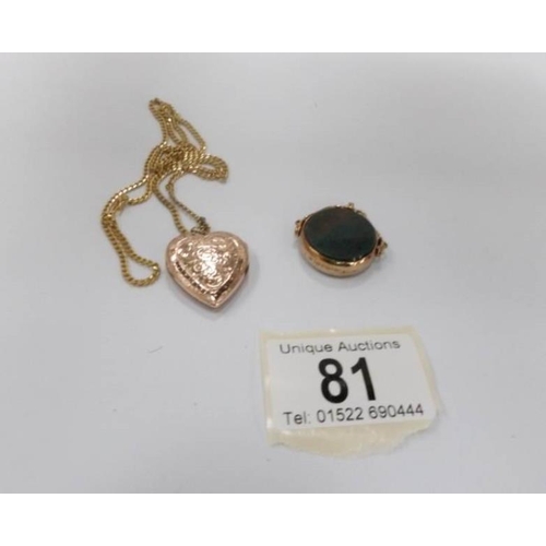 81 - A Victorian fob set with bloodstone in 9ct rose gold together with a gold heart locket