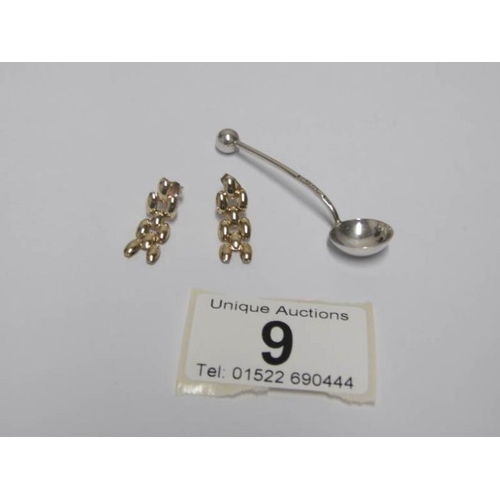 9 - A pair of gold earrings and a H M silver salt spoon