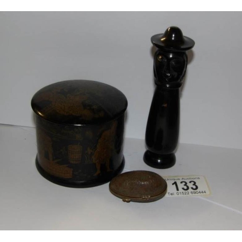 133 - A Chinese carved bone needle case, a lacquered box and a brass engraved egg shaped pill box