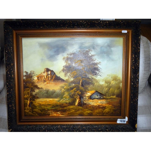 1036 - An oil on canvas woodland scene with rocky hill in background signed but indistinct