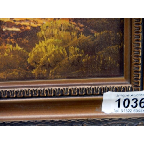 1036 - An oil on canvas woodland scene with rocky hill in background signed but indistinct