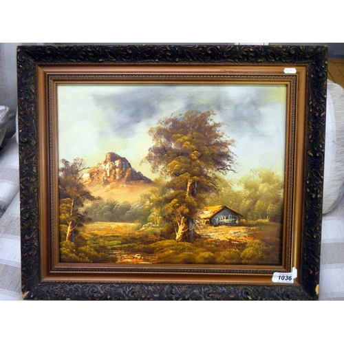 1036 - An oil on canvas woodland scene with rocky hill in background signed but indistinct