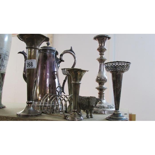 268 - A mixed lot of silver plate including candlestick, spills etc