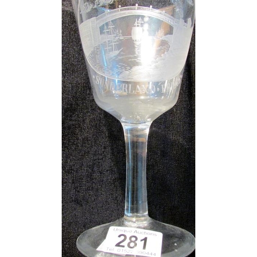 281 - An unusual wine glass engraved with a scene of Sunderland Bridge

Good condition with no damage obse... 