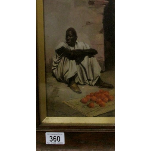 360 - An oak framed and glazed watercolour study of a fruit seller, signed Floreg 1905