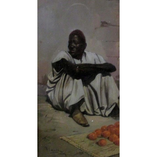 360 - An oak framed and glazed watercolour study of a fruit seller, signed Floreg 1905