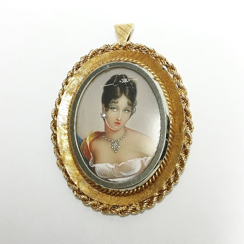 70 - A hand painted miniature profile of a young lady with diamonds in her necklace, hair and ears, in 18... 