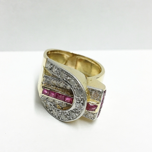 85 - A 1940's 14ct gold ruby and diamond odenesque ring with approximately 0.75ct diamonds, size J