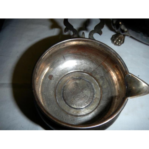 133 - 2 hand beaten silver plated bowls & a plated jug with a 1797 cartwheel penny in the base