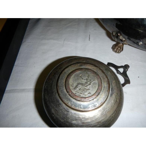 133 - 2 hand beaten silver plated bowls & a plated jug with a 1797 cartwheel penny in the base