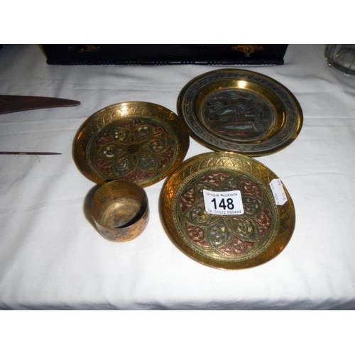 148 - 3 Egyptian antique brass, copper & white metal dishes & a brass cup