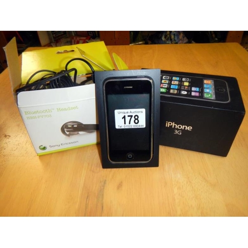 178 - An Iphone 3g mobile phone & Sony Ericcson bluetooth headset