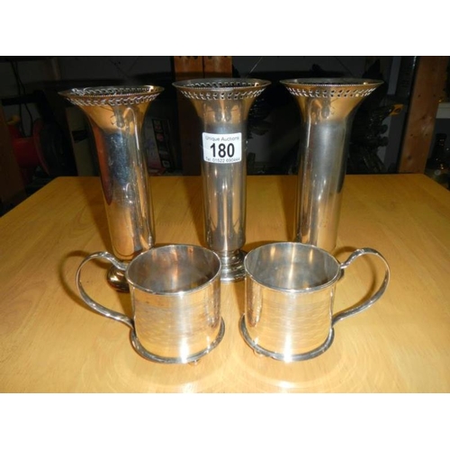 180 - 3 silver plated vases & 2 coffee cups