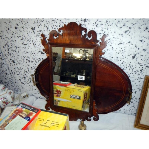 386 - A Georgian style wall mirror & an oval inlaid mahogany tray