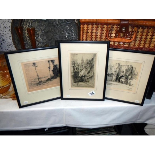 396 - 2 framed & glazed etchings 'Pottergate' Lincoln & 'Castlegarth & Cathedral' both signed & a framed &... 