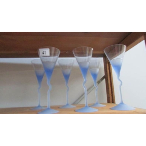 41 - A set of 6 blue stemmed glasses