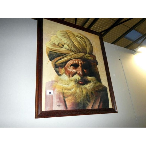 46 - A painting on silk of a bearded man with turban, signed, with oak frame (48cm x 56cm)