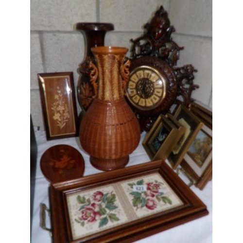 623 - A mixed lot including pictures, clock, tiled tray etc