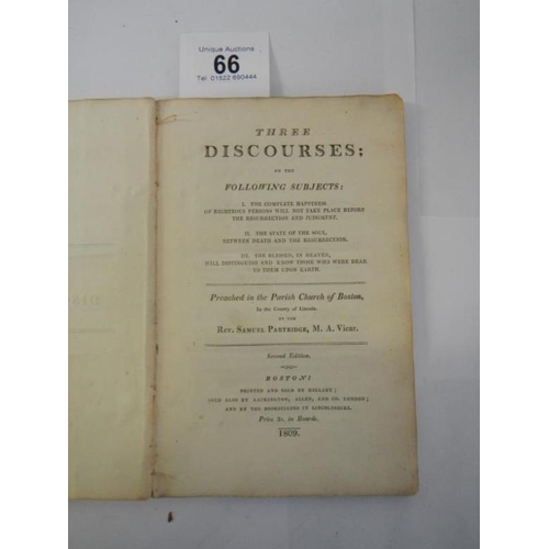 66 - Partridge's Three Discourses on the Following Subjects Preached in the Parish Church of Boston in th... 