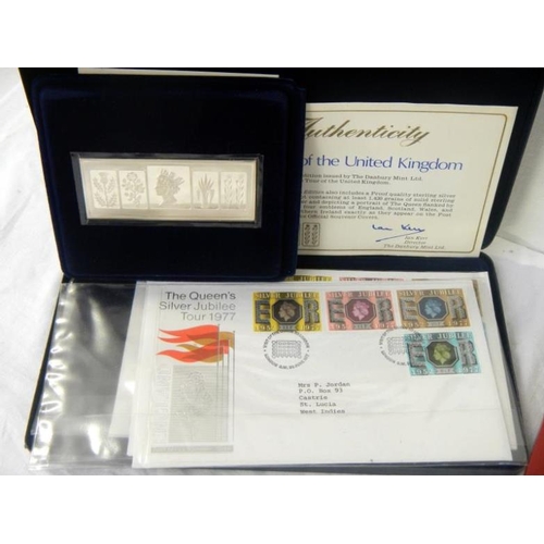 137 - Stamps - 3 cased Danbury Mint 1977 Silver Jubilee ses containing first day covers and silver ingots,... 